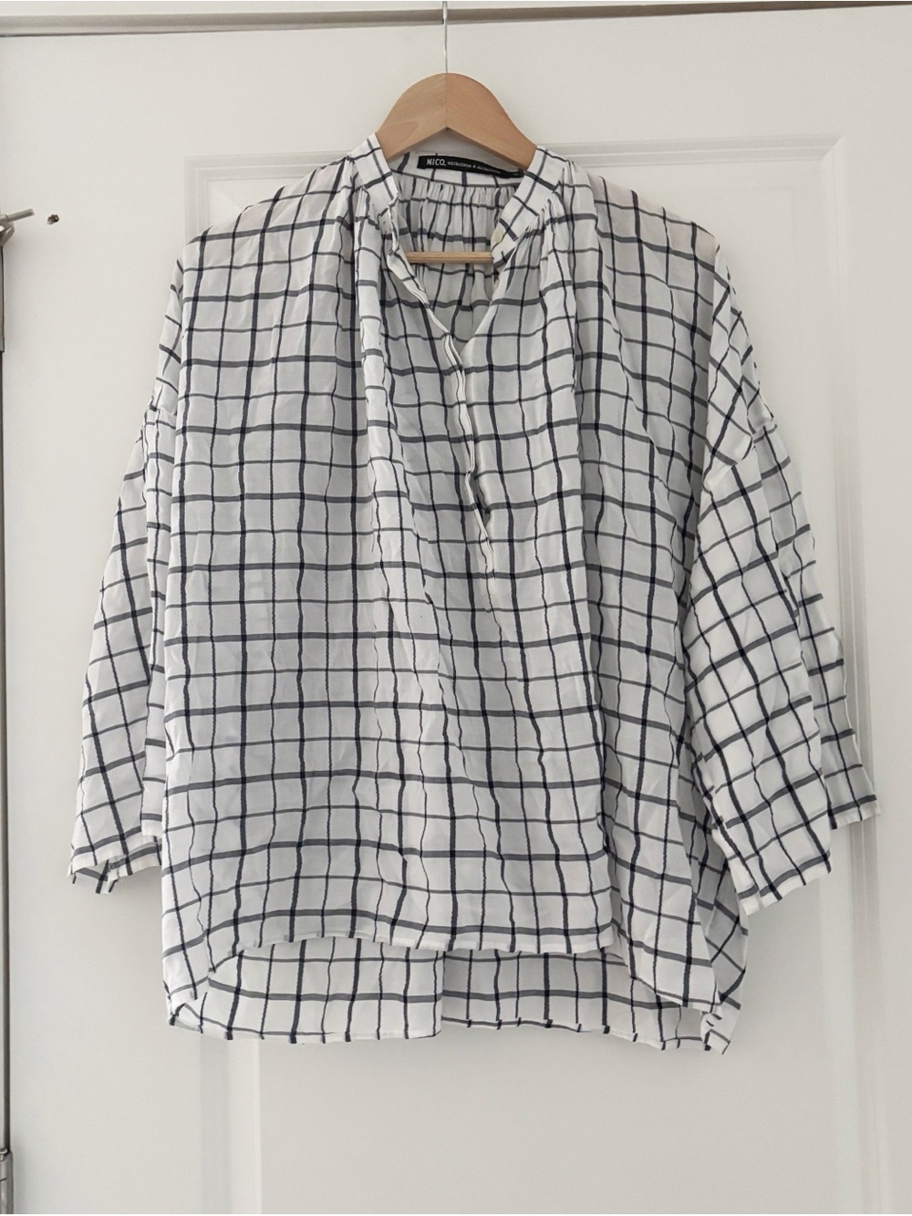 Nicholson & Nicholson Windowpane Print Top Japan Minimalist Neutral Small Tencel